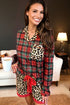 Plaid Leopard Print Patchwork Long Sleeve Shorts Sleepwear