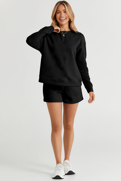 Textured Long Sleeve Top And Drawstring Lounge Short Sets