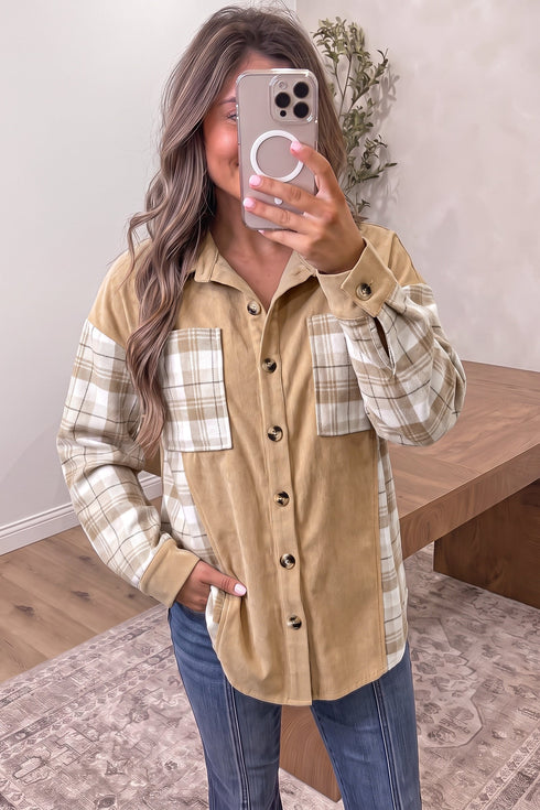 Polyester Plaid Pattern Shirt Collar Shift Jacket