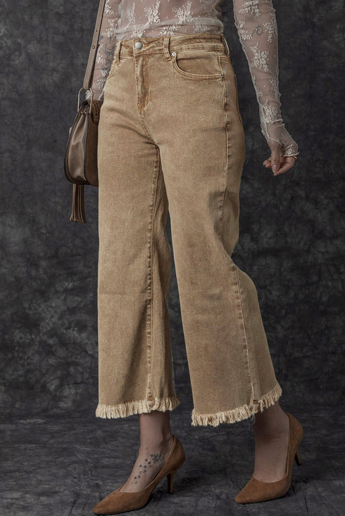 High Rise Cropped Washed Denim Wide Leg Jeans