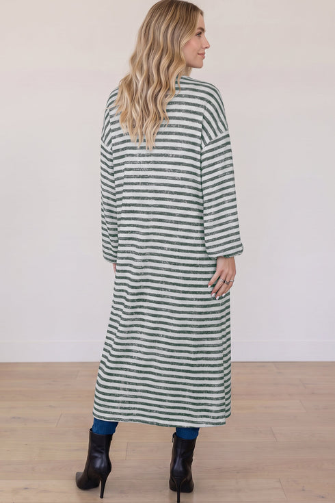 Striped Long Puff Sleeve Open Front Oversized Cardigan