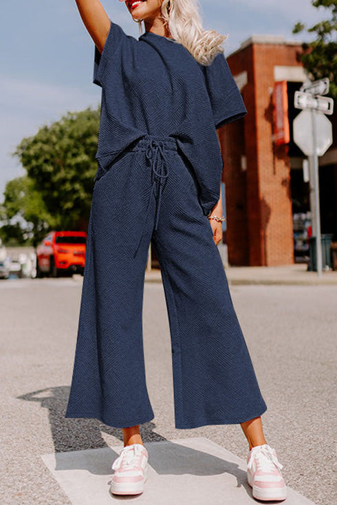 Textured Solid Loose Fit Wide Leg Pant Set