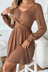 Shirred Cuff Long Sleeve Button Round Neck Mini Dress