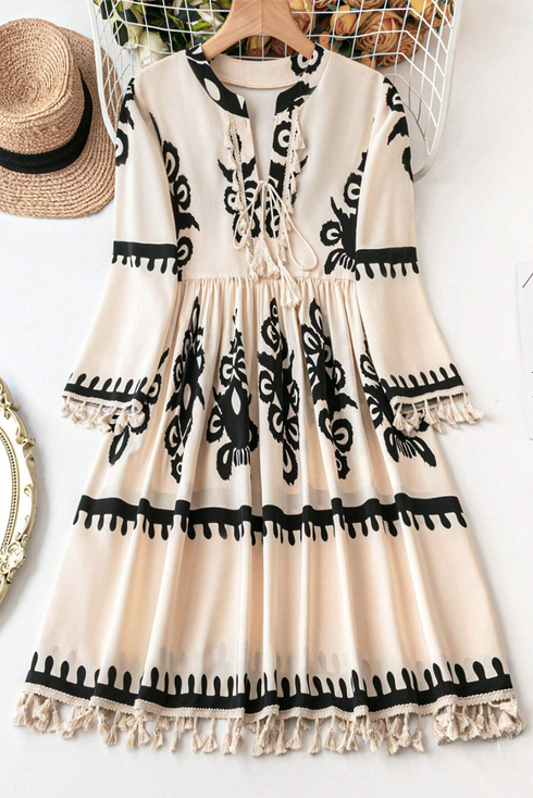 Abstract Print Fringe Tassel Bohemian Western Mini Dress