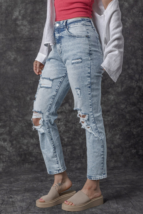 Distressed Frayed Slim Fit High Waist Denim Jeans