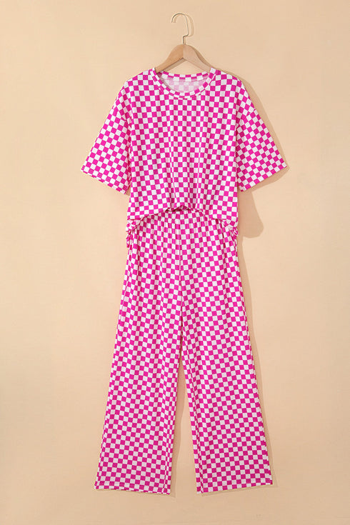 Checkered Print Half Sleeve Two Piece Loungewear Set