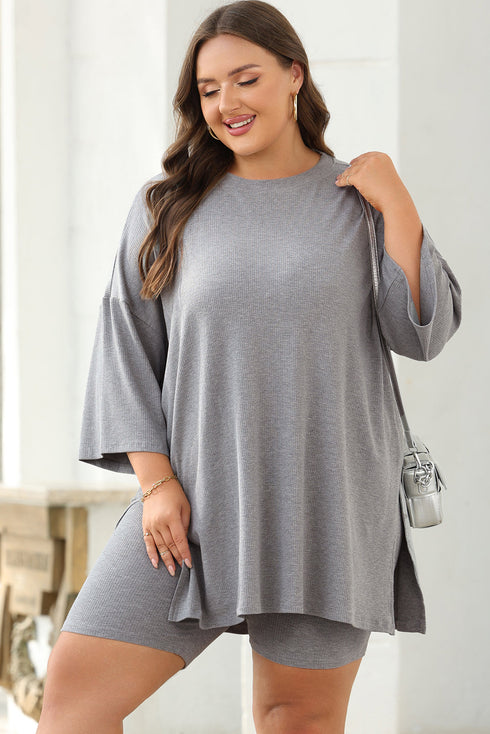 Solid Ribbed Loose Tunic Top And Slim Short Sets