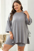 Solid Ribbed Loose Tunic Top And Slim Short Sets