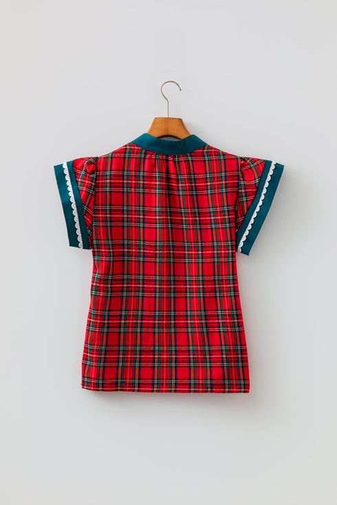 Plaid V Neck Short Sleeve Shift Silhouette Blouse