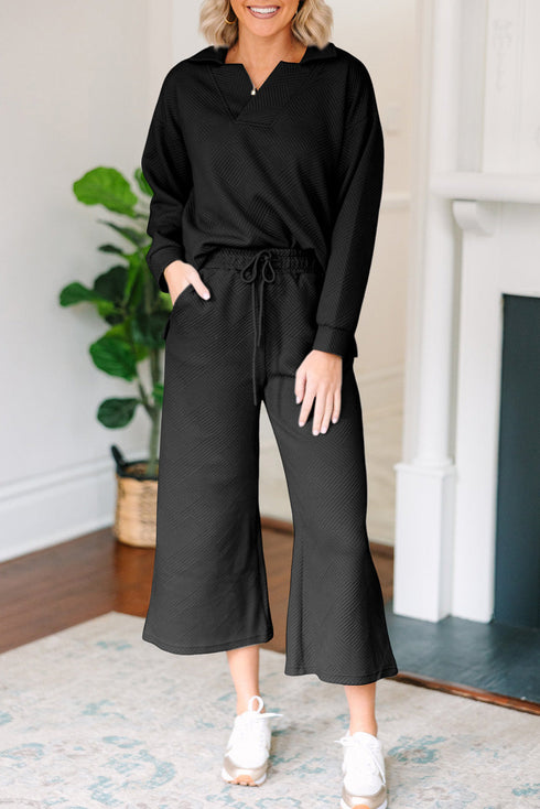Solid Textured Collared V Neck Wide Leg Pant Sets