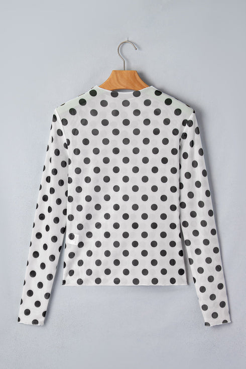 Sheer Polka Dot Mesh Stand Neck Long Sleeve Top