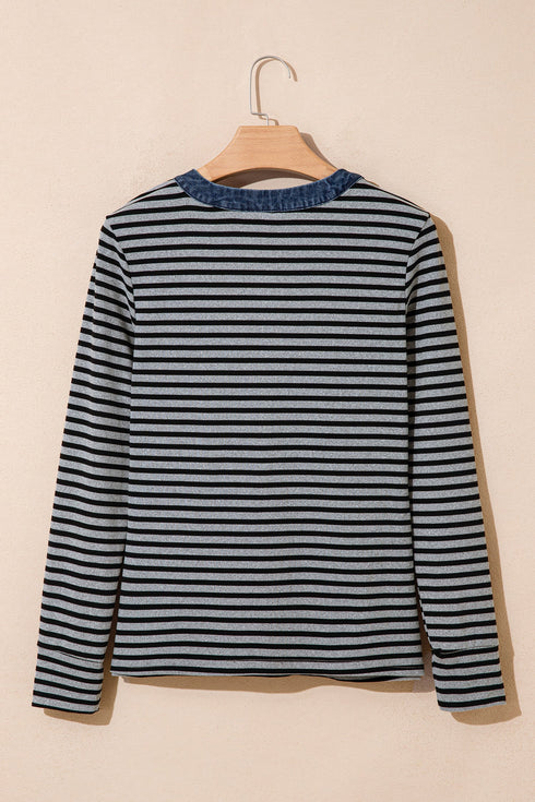 Striped Ribbed Denim Collar Half Button Long Sleeve Top