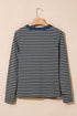 Striped Ribbed Denim Collar Half Button Long Sleeve Top