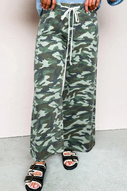 Camouflage Print Wide Leg Drawstring Western Denim Jeans