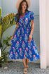Floral Puff Short Sleeve V Neck High Waist Maxi Dress
