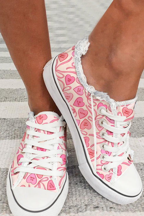 Ribbon Heart Print Frayed Trim Lace Up Flat Shoe