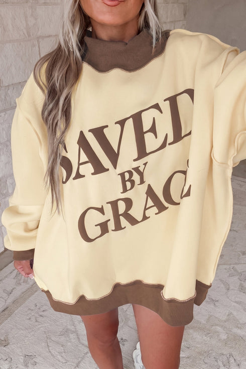 Oversized Saved By Grace Print Mock Neck Sweatshirt