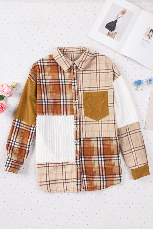 Textured Western Patchwork Corduroy Pocket Plaid Shacket