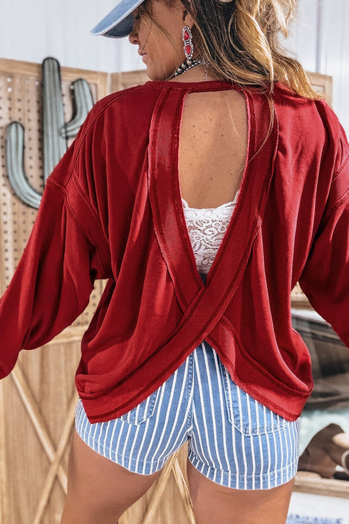 Racing Ribbed Drop Shoulder Cutout Back Sweatshirt