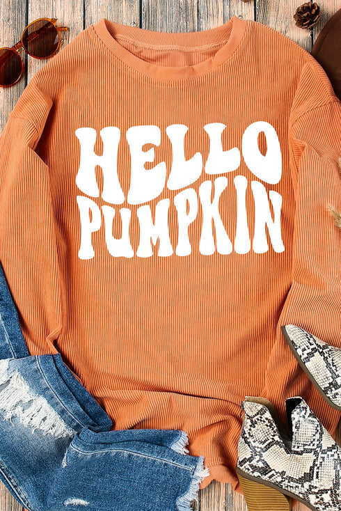 Hello Pumpkin Graphic Corded Texture Oversized Pullover Sweatshirt