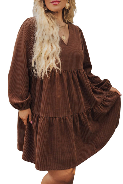 Corduroy V Neck Long Sleeve Mini Dress