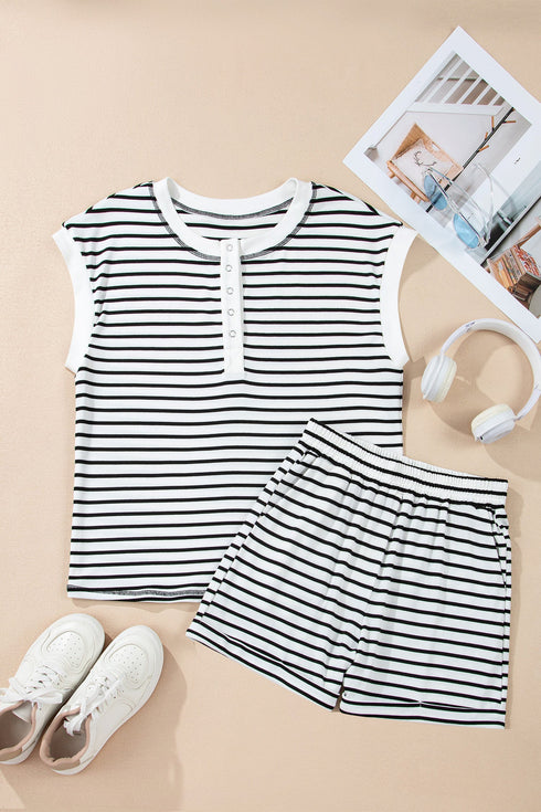 Preppy Striped Half Button Top And Short Set