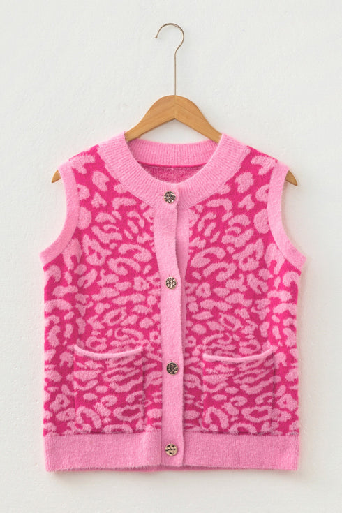 Leopard Print Knit Sleeveless Regular Sweater Vest