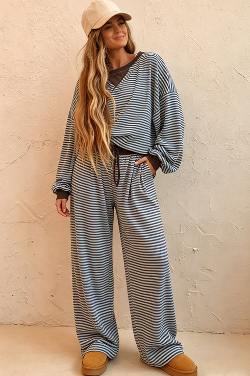 Striped Drop Shoulder Loose Top Pant Set