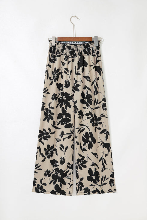Bohemian Floral Print Smocked High Waist Wide Leg Pants