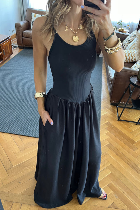 Ribbed Patchwork Drop Waist Spaghetti Strap Maxi Dress