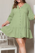 Textured Ruffled Button V Neck A Line Plus Size Dress