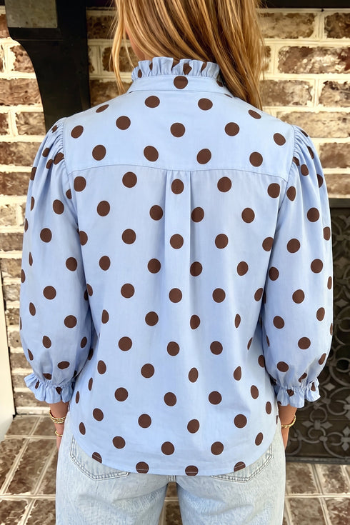 Polka Dot Striped Ruffle Stand Neck Three Quarter Sleeve Shift Shirt