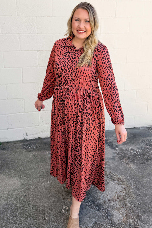 Leopard Print Long Sleeve V Neck Midi Dress
