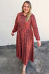 Leopard Print Long Sleeve V Neck Midi Dress
