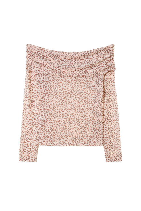 Leopard Print Foldover Off Shoulder Sheer Long Sleeve Mesh Top