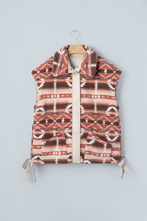 Geometric Print Fleece Metal Button Placket Shift Silhouette Vest