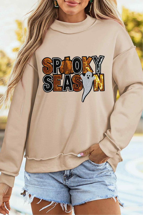 Polyester Cotton Sequin Graphic Mock Neck Sweatshirt
