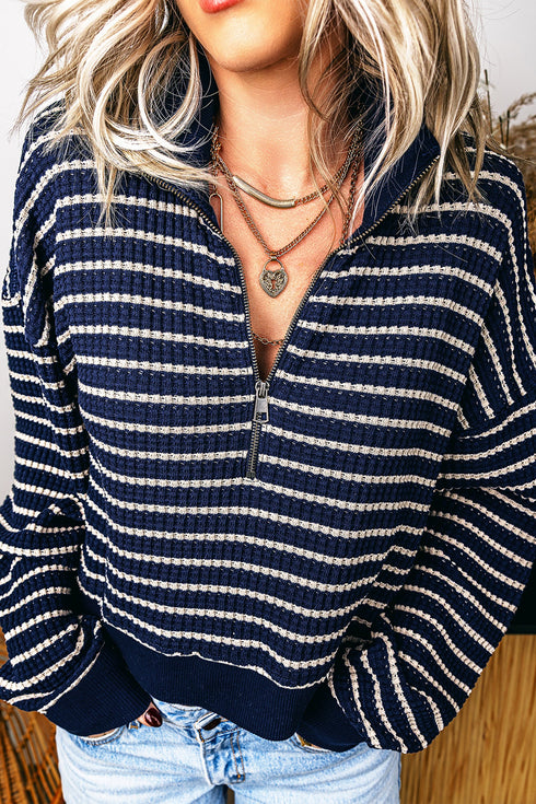 Striped Textured Knit Half Zip Collared Long Sleeve Top