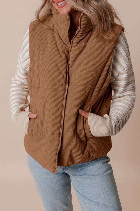 Textured Corduroy Stand Neck Zipped Puffer Vest