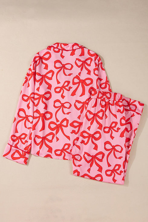 Bow Print Long Sleeve Wide Leg Sleepwear