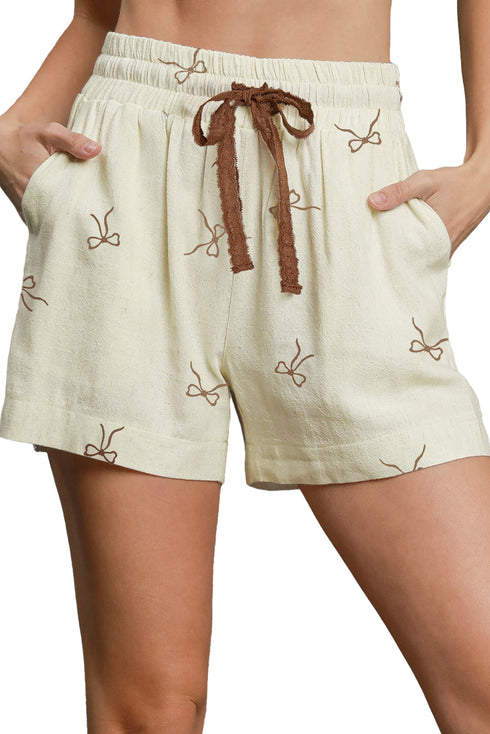 Bow Print Lace Trim Elastic Waist Drawstring Shorts