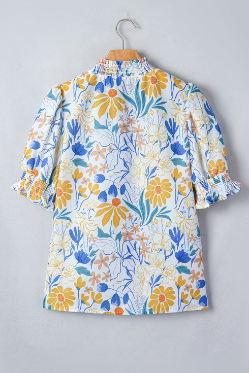 Floral Print Striped Trim V Neck Puff Sleeve Blouse