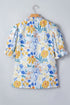 Floral Print Striped Trim V Neck Puff Sleeve Blouse