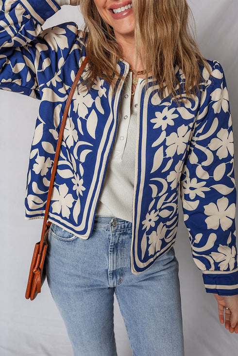 Bohemian Floral Print Open Front Buttoned Cuff Jacket