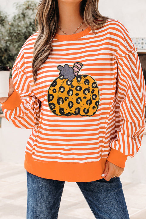 Striped Leopard Pumpkin Graphic Print Pullover Sweatshirt
