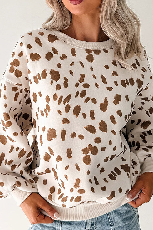 Leopard Spot Drop Shoulder Round Neck Graphic Sweatshirt