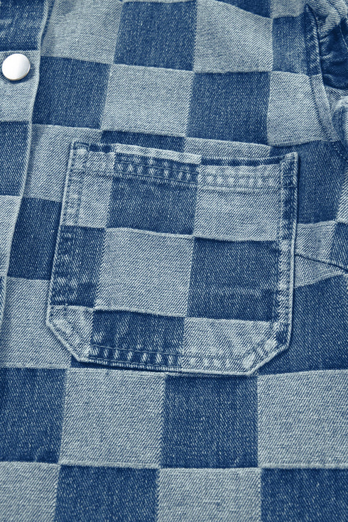 Western Checkered Ruffle Trim Button Down Denim Vest