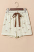 Bow Print Lace Trim Elastic Waist Drawstring Shorts