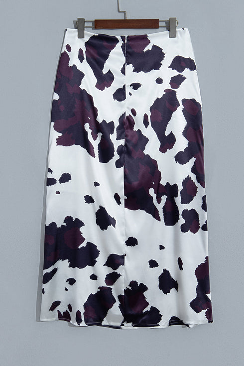 Abstract Print Metal Zip Waist Satin Western Maxi Skirt