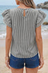 Striped Print Ruffle Short Sleeve Round Neck Shift Blouse